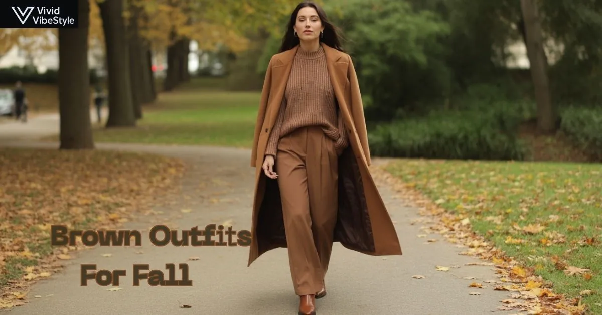 Stylish woman walking in autumn park wearing layered brown fall outfit with camel coat, sweater, and boots.