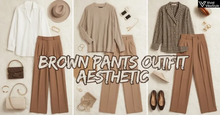Collection of trendy brown pants outfits styled with neutral tops, chic accessories, and versatile shoes for a polished brown pants outfit aesthetic