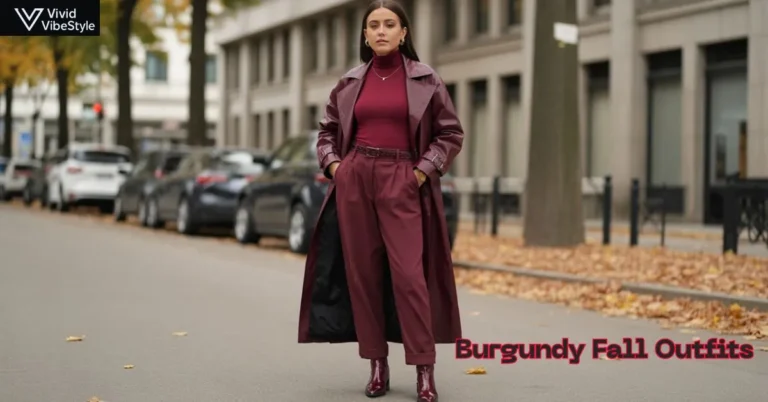 Woman wearing a full burgundy fall outfit with trench coat and boots in an urban autumn setting.