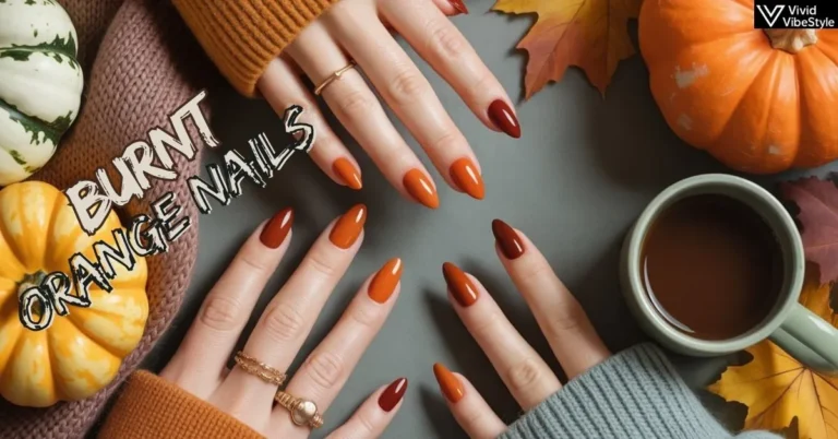Collection of 45+ burnt orange nail designs featuring glossy, matte, and ombre styles with cozy fall props