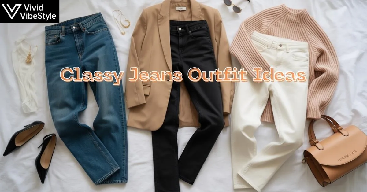 Classy jeans outfit ideas showcasing sophisticated denim styles with blazers, silk blouses, and accessories for versatile occasions