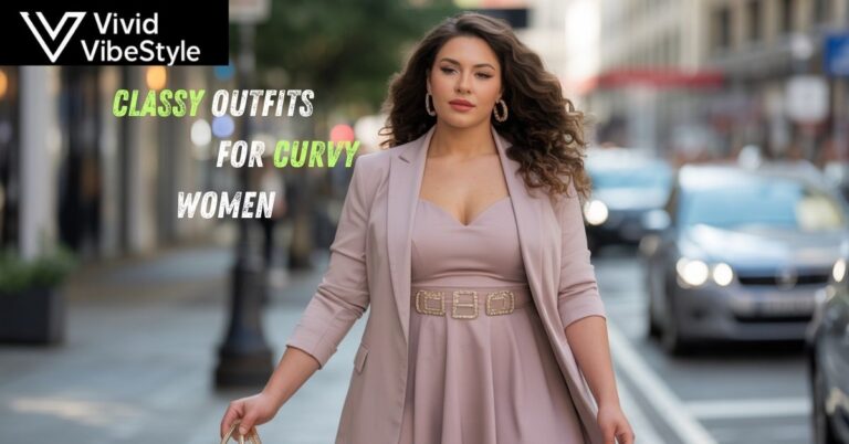 Elegant plus-size woman in a tailored blazer and dress – classy outfits for curvy women