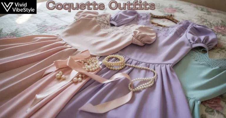 Romantic coquette outfits with lace dresses, satin bows, and pearl accessories styled on a vintage bedspread