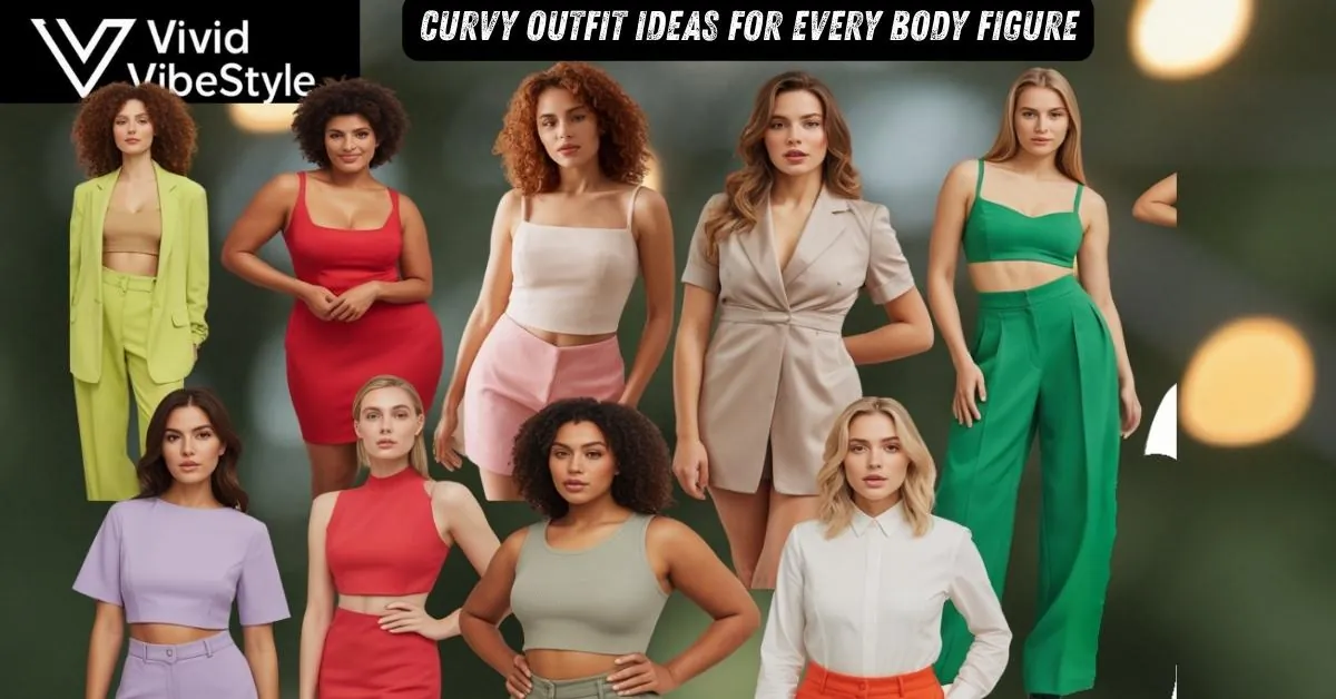 Women of different body shapes wearing flattering curvy outfit ideas for every body figure in various stylish looks