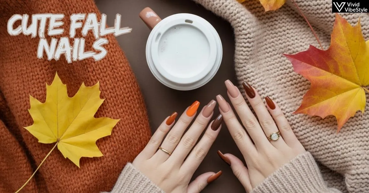 Hands with cute fall nails in pumpkin orange, mocha brown, and beige latte shades styled with cozy autumn accessories