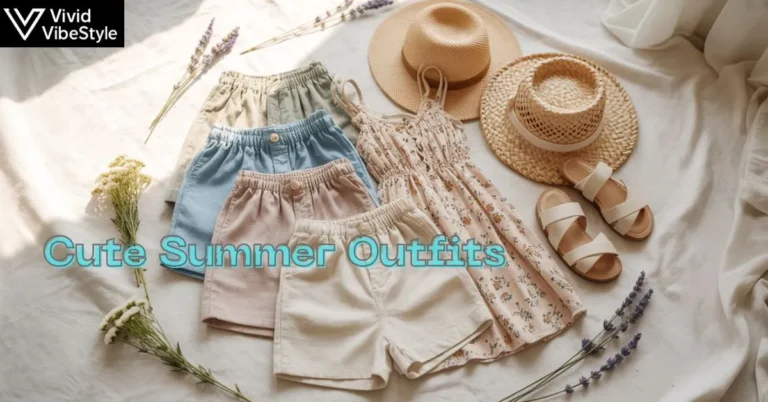 Flat lay of cute summer outfits with sundress, linen shorts, tank top, straw hat, and sandals for effortless warm-weather style