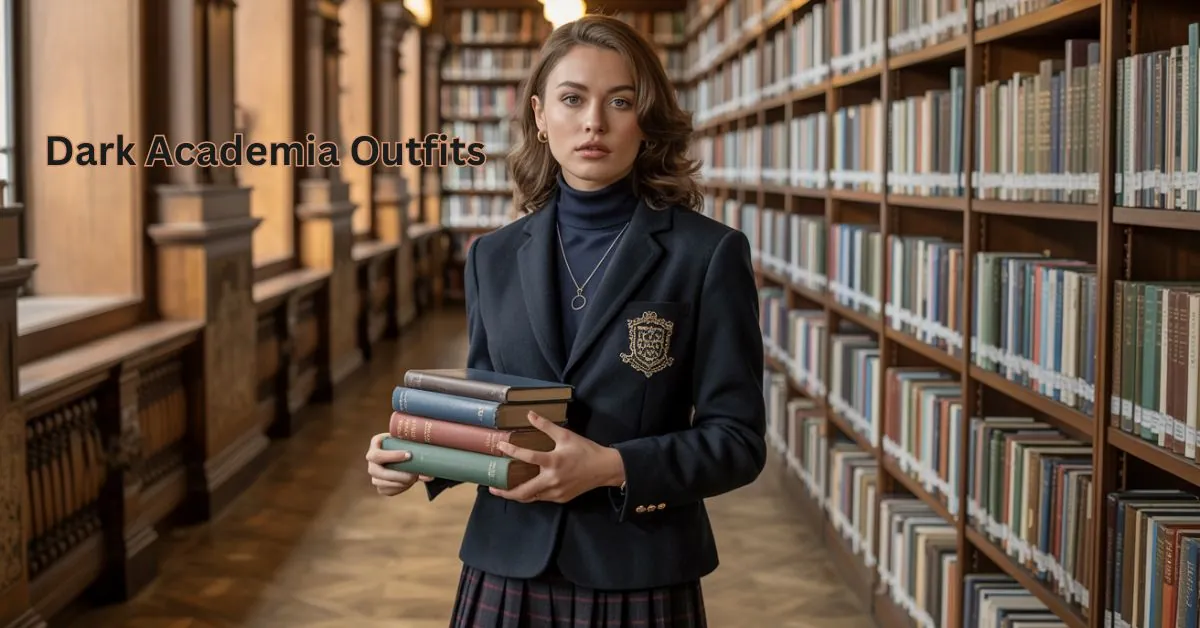Woman in blazer, plaid skirt, and oxford shoes showcasing Dark Academia outfits for 2025.