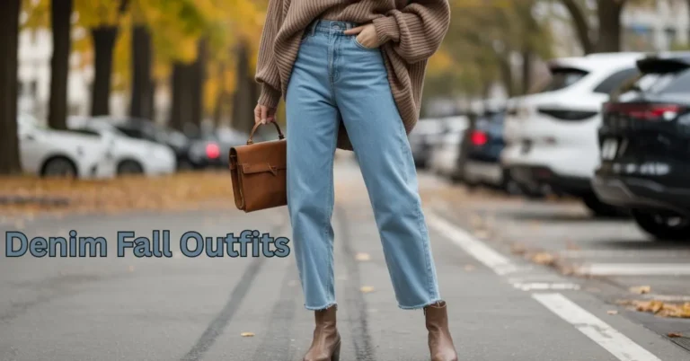 Denim fall outfit with high-waisted jeans, sweater, and boots styled for Autumn 2025.