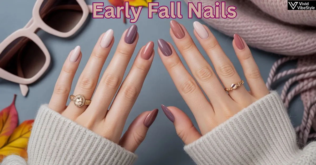Early fall nails in taupe, mauve, and dusty rose shades styled for 2025 transitional manicures.