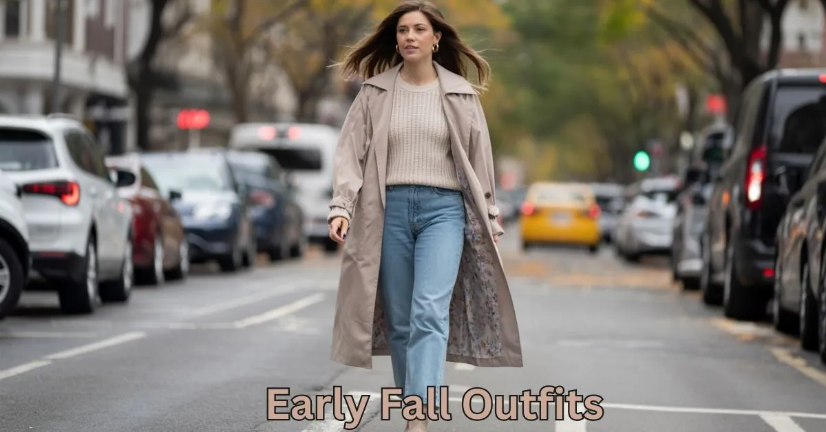 Woman in a trench coat and jeans showcasing early fall outfits for transitional style in 2025