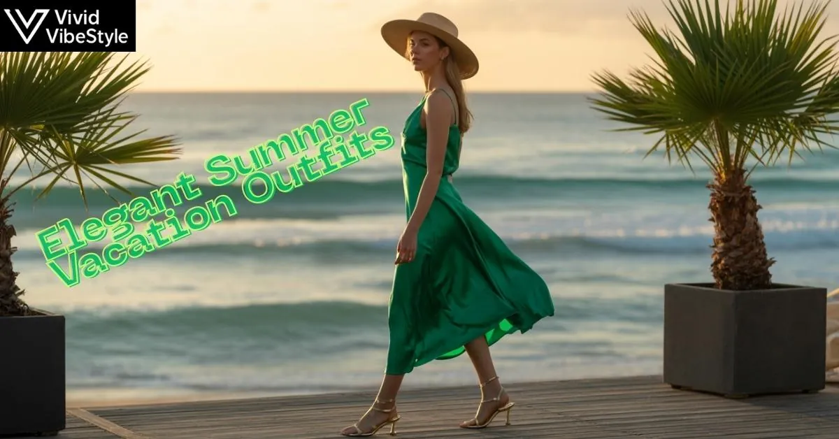 Elegant summer vacation outfit at a luxury seaside resort, featuring a flowing silk dress and wide-brimmed hat