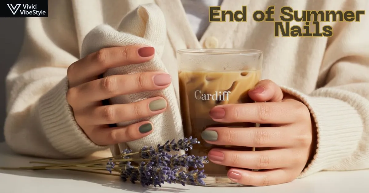 Hands with dusty rose, sage green, and terracotta nails holding a cozy cardigan and iced coffee — perfect end of summer nails color transition