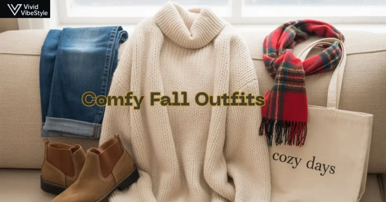 Flat lay of fall fashion essentials including sweater, scarf, jeans, and boots for comfy fall outfits.