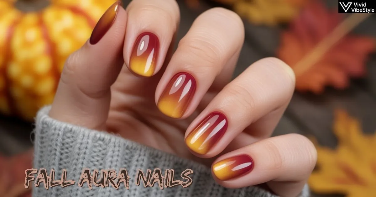Fall aura nails with golden yellow and burgundy gradient effect styled with cozy autumn sweater and pumpkin spice latte