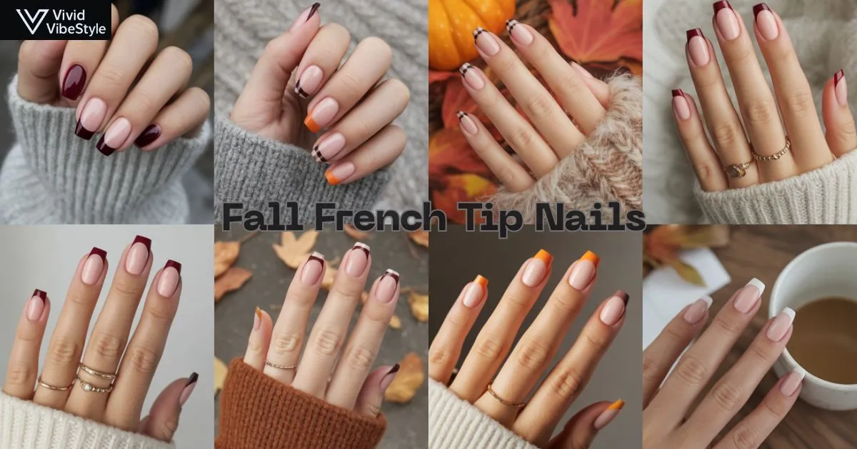 Collage of over 30 cozy fall French tip nail designs featuring autumn colors and seasonal accents like leaves and plaids.