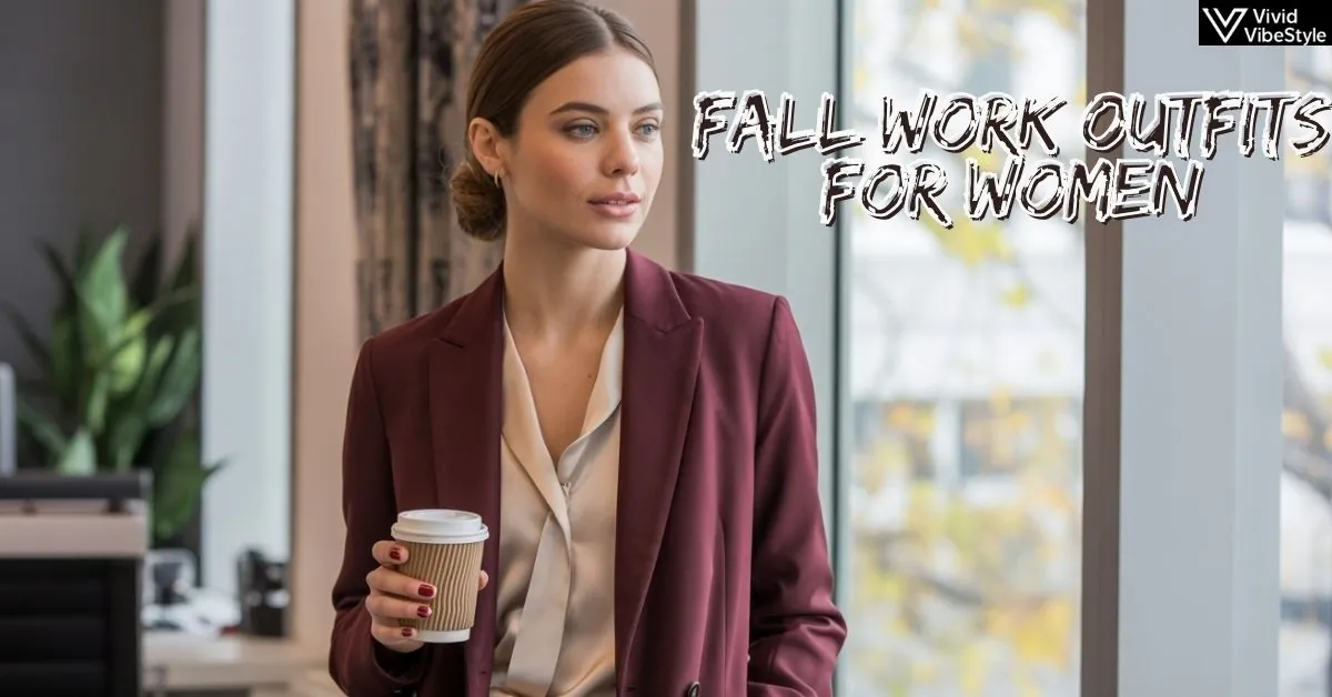 Woman in burgundy blazer and cream blouse styled for fall work outfits for women, standing in a modern office with autumn leaves outside