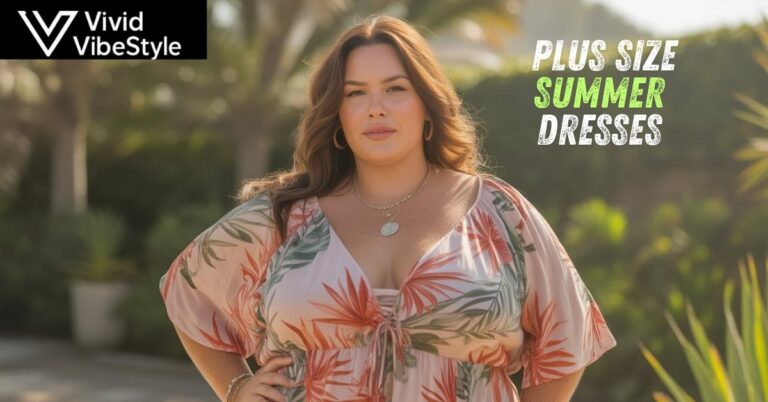 Confident woman wearing plus size summer dress in floral print, perfect for beating the heat