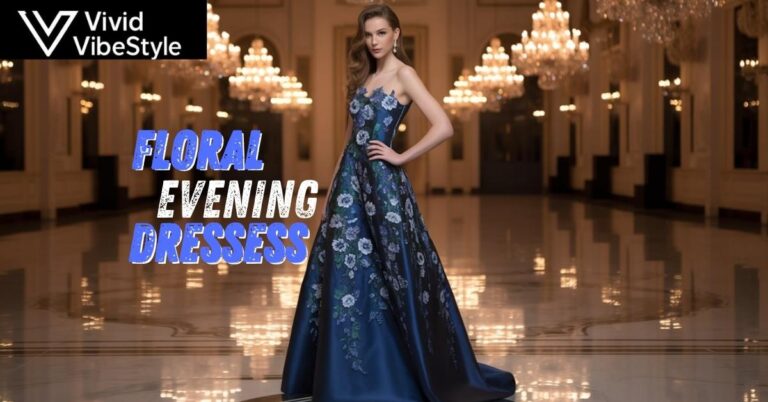 Elegant navy silk floral evening dress with 3D flower appliques in a formal ballroom setting