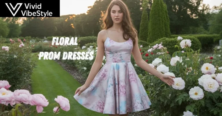 Pastel floral prom dress in a blooming rose garden at sunset, showcasing romantic elegance and timeless beauty
