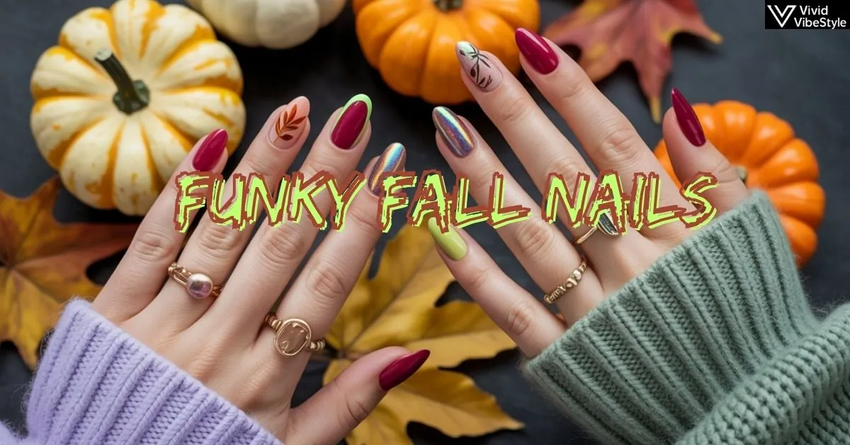 Close-up of funky fall nails with mismatched autumn designs, neon accents, and holographic details styled with cozy fall props