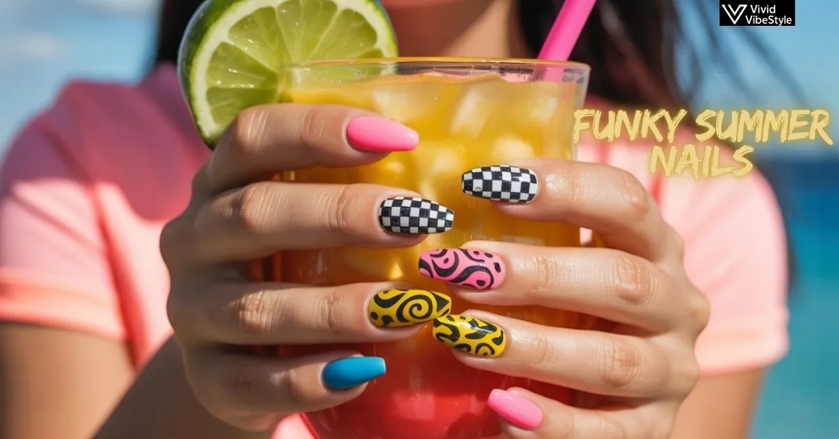 Bold Funky Summer Nails in neon patterns with tropical drink, showcasing vibrant and playful summer nail art ideas