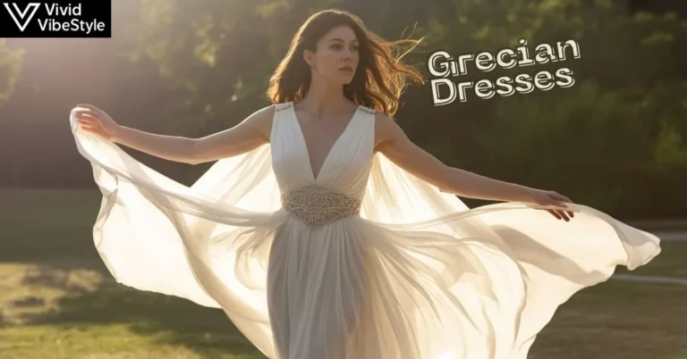 White Grecian dress with flowing drape in outdoor sunlight, showcasing timeless goddess-style fashion