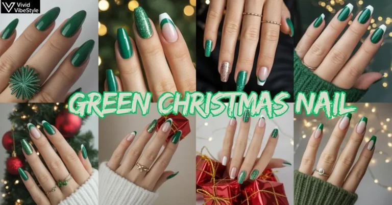 Close-up collage of green Christmas nails featuring emerald, sage, forest, glitter, and ombre designs styled with holiday ornaments