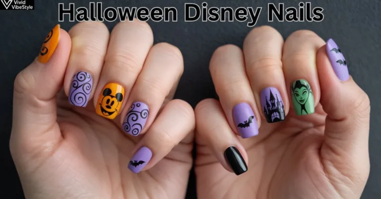 Halloween Disney nails with Mickey pumpkin art, Haunted Mansion swirls, and Maleficent-inspired green accents.