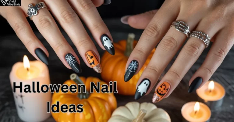 Halloween nail ideas featuring spiderweb, pumpkin, and ghost nail art in black and orange designs.
