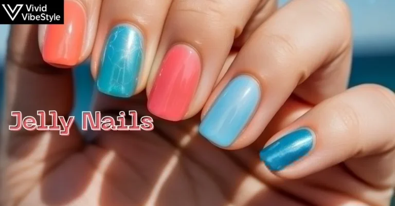 Coral and ocean blue jelly nails with a glossy, translucent finish under natural sunlight