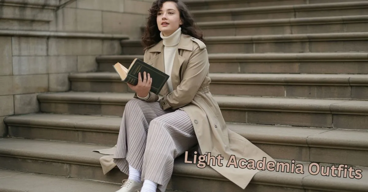 Woman in beige trench coat and pleated trousers showcasing Light Academia outfits for 2025.