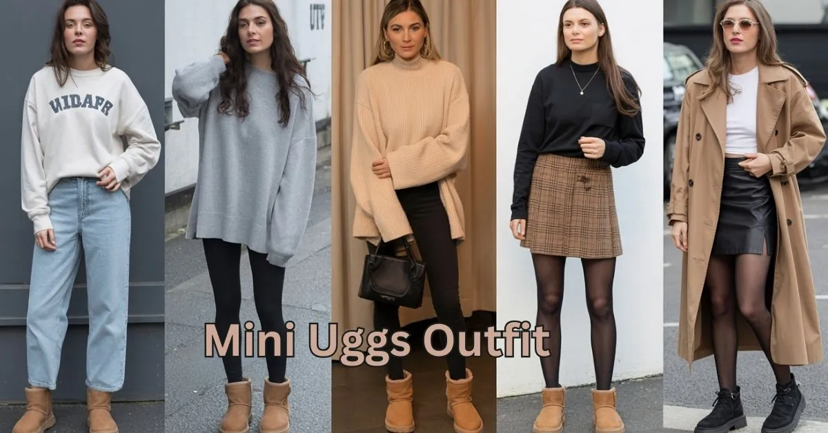 Collage of 25 mini Uggs outfit ideas for 2025 featuring cozy boots styled with sweaters, coats, and casual wear.