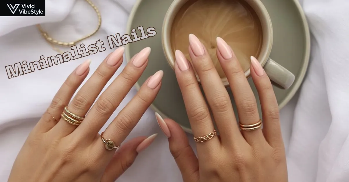 Minimalist nails with nude polish and gold rings holding a coffee cup – elegant nail design proving less is more