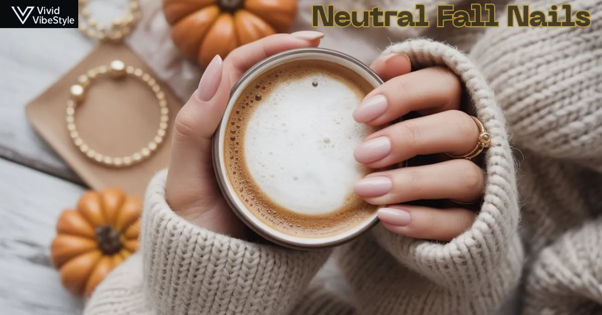 Woman holding a coffee cup with neutral fall nails in beige tones, styled with a cozy knit sweater and gold rings
