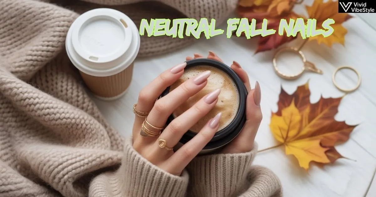 Close-up of hands with neutral fall nails holding a warm coffee cup surrounded by autumn accessories like sweaters and rings