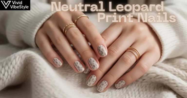 Neutral leopard print nails with beige base and brown spots styled with gold accessories