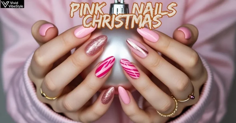Flat lay of manicured hands showcasing 40+ Pink Christmas Nails with glitter, ombre, candy cane, and rose gold designs for a festive holiday look