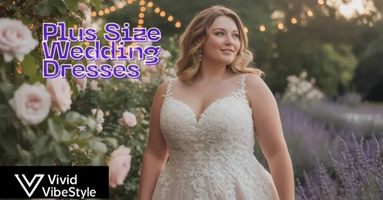 Plus size bride in lace A-line wedding dress standing in a garden, holding a bouquet.