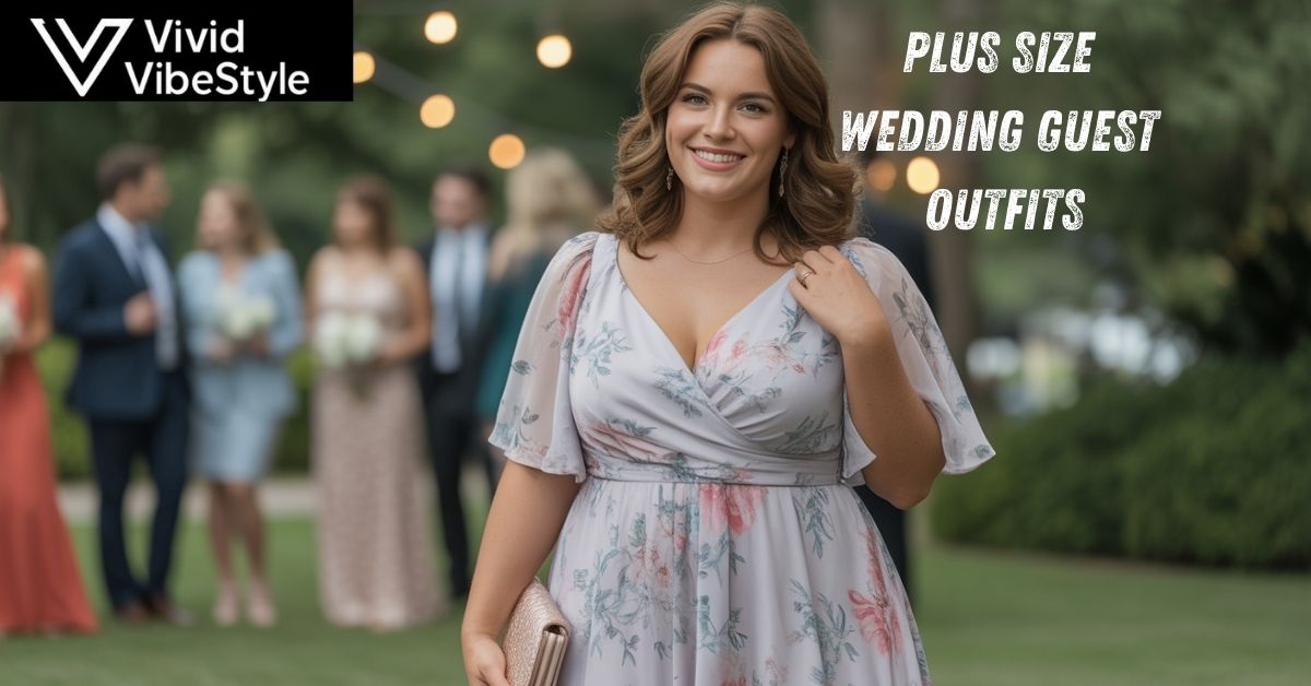 Plus size wedding guest in pastel floral maxi dress smiling at outdoor wedding