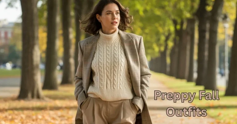 Woman wearing a plaid blazer and cable-knit sweater, representing preppy fall outfits for timeless autumn style 2025.