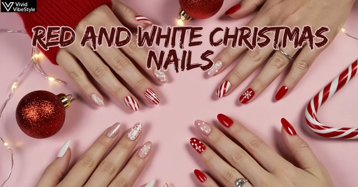 Red and White Christmas Nails: 50+ Classic Holiday Designs Now 1 Collection of red and white Christmas nails featuring candy cane stripes, snowflakes, glitter ombre, and holiday designs surrounded by Christmas ornaments
