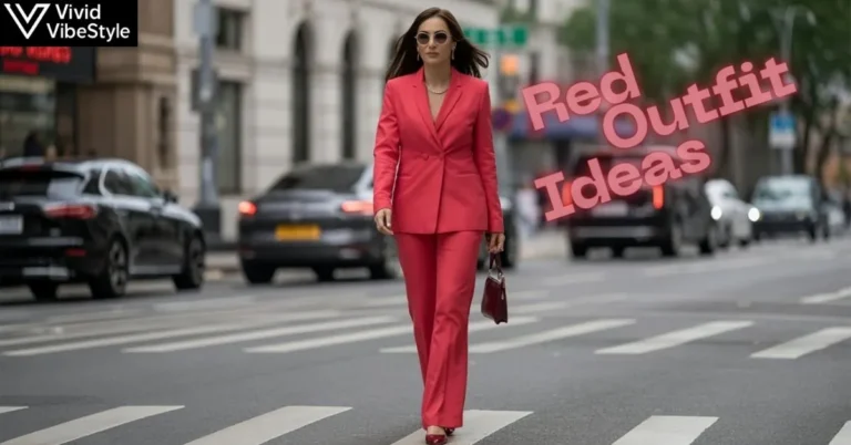 Confident woman wearing a monochrome red pantsuit with heels and handbag — bold red outfit ideas for a powerful, stylish look