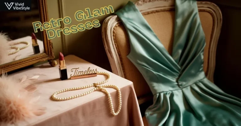 Flat lay of satin retro glam dress with pearls, lipstick, and vintage accessories showcasing timeless vintage-inspired elegance
