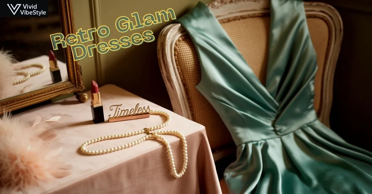 Flat lay of satin retro glam dress with pearls, lipstick, and vintage accessories showcasing timeless vintage-inspired elegance
