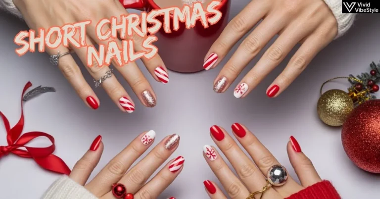 Collage of festive short Christmas nails featuring candy cane stripes, glitter gradients, red polish, and snowflake nail art styled with holiday décor