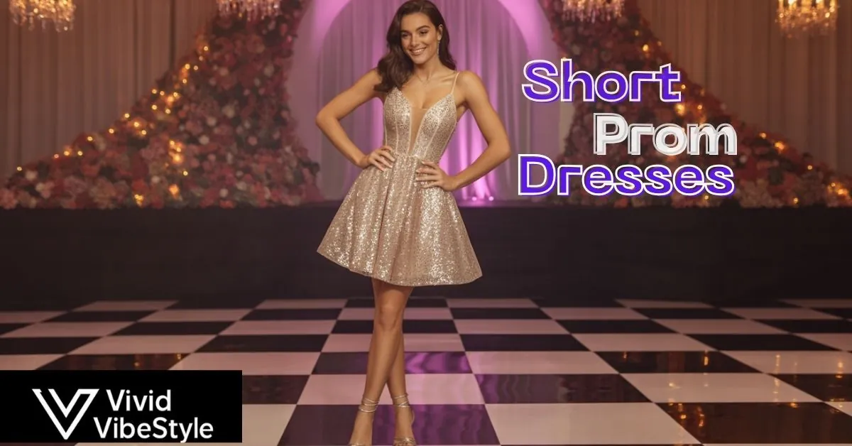 Champagne sequin short prom dress for 2025 with strappy heels on prom dance floor