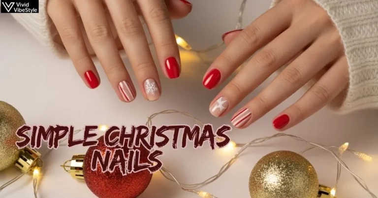 Collage of simple Christmas nails featuring red polish with gold accent, nude snowflake nails, candy cane stripes, and minimalist star designs