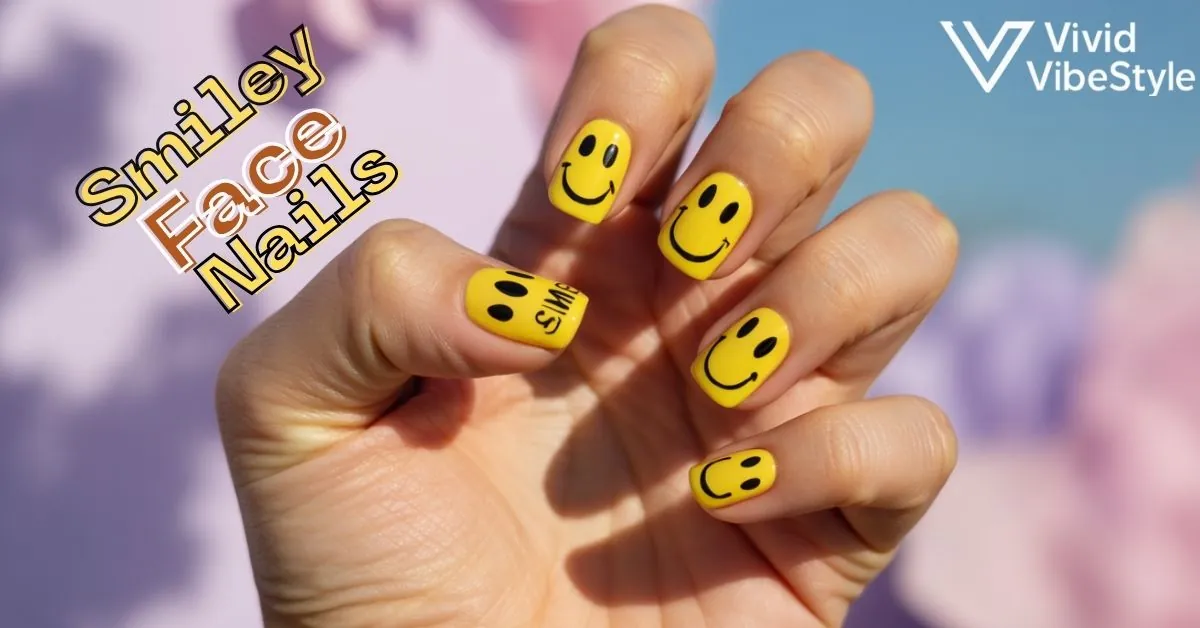 Hand with trendy yellow smiley face nails in mixed designs for a happy nail art look