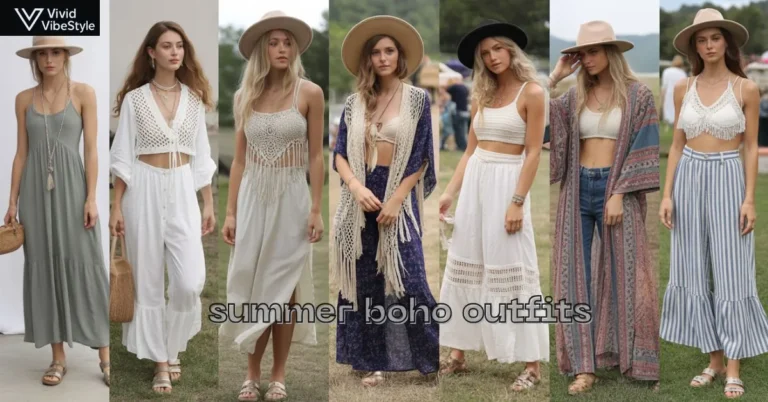 2025 summer boho outfits featuring maxi dresses, crochet tops, patterned kimonos, and fringe accents in a free-spirited style.