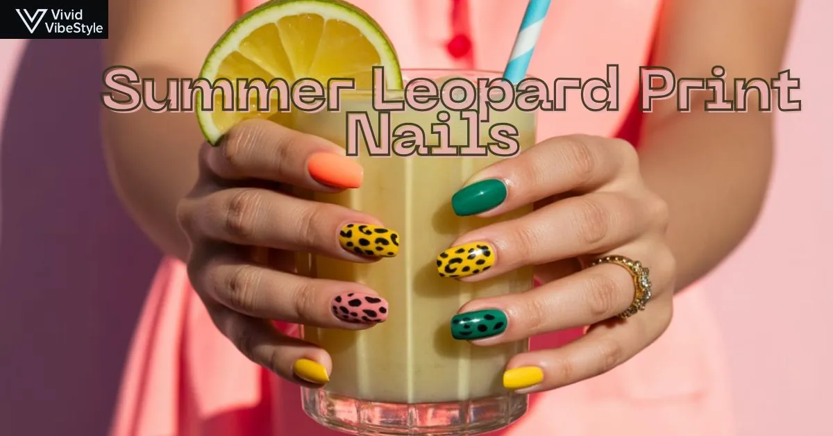 Hands with vibrant Summer Leopard Print Nails holding a tropical cocktail under the sun